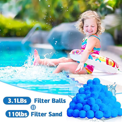 QwayHome 3.1 lbs Pool Filter Balls, Reusable Filter Sand Balls for Above Ground Pool Sand Pump, Pool Filter Sand Alternative, Eco-Friendly Fiber Filter Balls, Replace 110 lbs Filter Sand, Blue