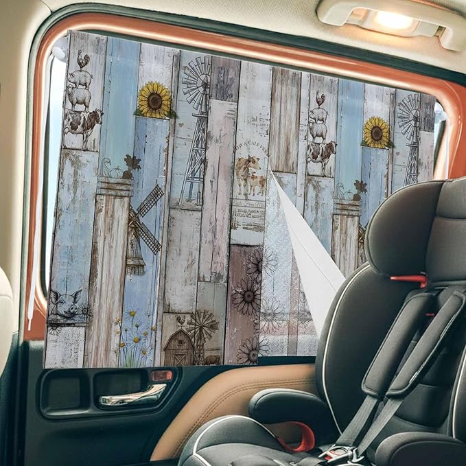 Blue Grey Wooden Magnetic Double Layer Car Window Shades,Side Window Curtains for Blackout/Breathable Mesh View,Farmhouse Barn Sunflowers Retro Privacy Sun Shades for Heat/UV Protection 26x20in 1pcs