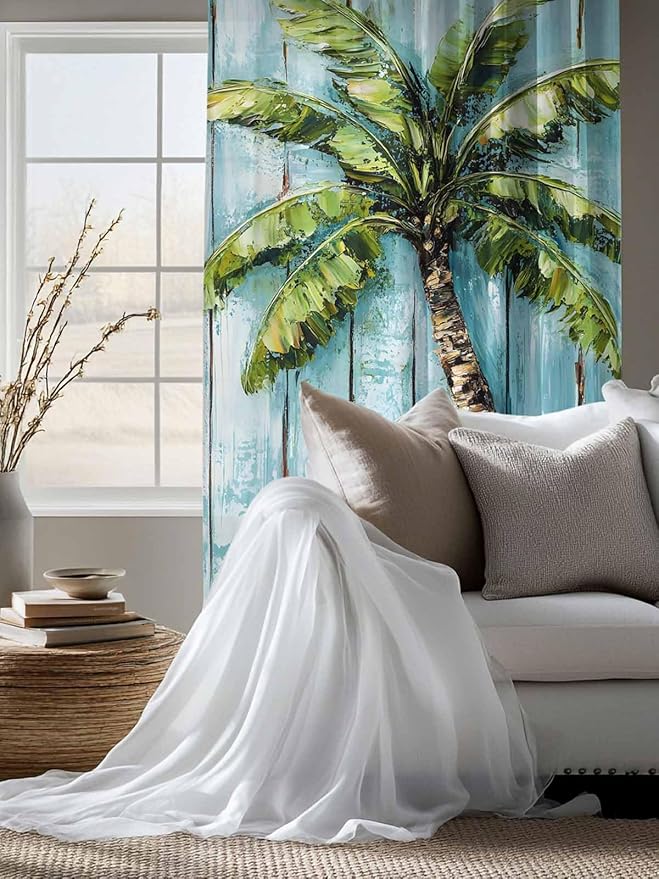Sheer Curtains 72 Inches Long, Coastal Beach Starfish Semi Sheer Curtains Light Filtering Window Treatment, Blue Green Tropical Palm Tree Wood Grain Privacy Voile Drapes for Living Room 52x72 Inch