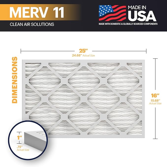 BNX TruFilter 16x25x1 Air Filter MERV 11 (12-Pack) - MADE IN USA - Allergen Defense Electrostatic Pleated Air HVAC AC Furnace Filters for Allergies, Dust, Pet, Smoke, Allergy MPR 1200 FPR 7