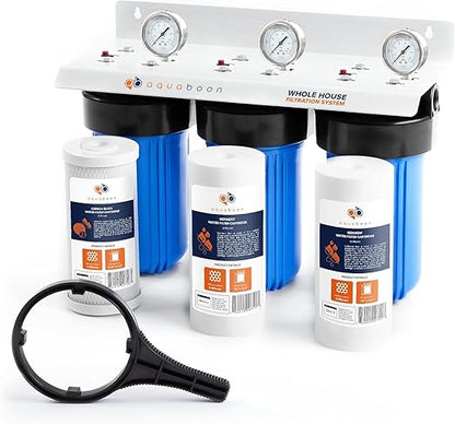 Aquaboon 3-Stage Whole House Water Filter System with 5 Micron 10x4.5 House Water Purification 2 Reducing Sediment and Carbon Chlorine Reduction Filter, Pressure Gauge, Wrench, Bracket