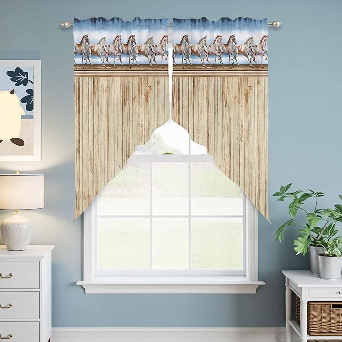 Western Horse Swag Valances for Windows, Farmhouse Wooden Grain Vintage Cowboy Barn Door Rod Pocket Kitchen Curtains Valance, Small Window Curtains Swag for Cafe Living Room, 2 Panels, 28x36 inch