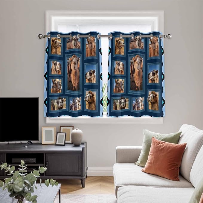 2 Panel Kitchen Cafe Curtains, Desert Camels Sunlight Filtering Nature Air Through, Home Decor Window Covering Tier Curtains for Living Room 104W x 52L inch Wildlife Brown Animals Blue Geometric