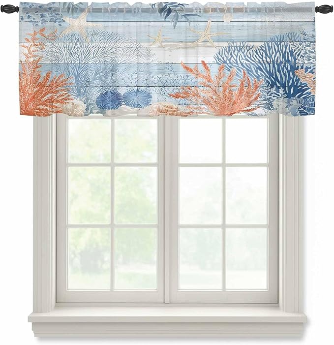 Ocean Corals Sheer Valance Curtains, Summer Beach Coral Sea Stars Blue Wood Grain Light Filtering Kitchen Valances Rod Pocket Voile Curtain Window Treatment for Bedroom/Living Room/Basement 42Wx12L