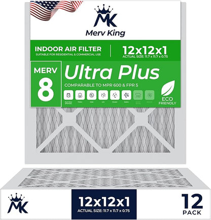 MervKing 12x12x1 Air Filter Actual Size: 11.7" x 11.7" x 0.75" MERV 8 MPR 600-700 | MADE IN USA | 12-Pack | Pleated HVAC AC Furnace Replacement