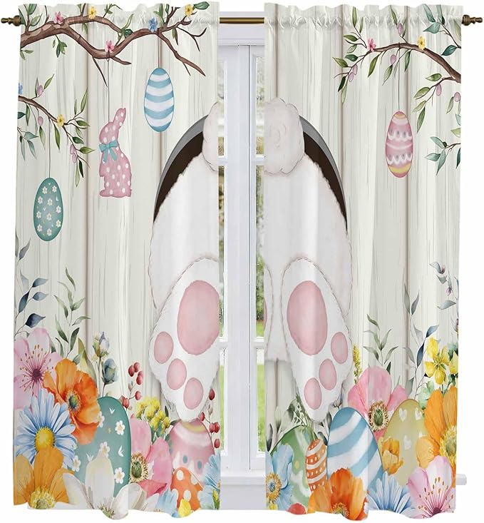 Easter Window Curtains 63 Inch Long 2 Panel Set, Rod Pocket Bedroom Curtains & Drapes, Spring Farmhouse Watercolor Bunny Eggs Wood Grain Light Filtering Window Treatment for Living Room 42"W x 63"L