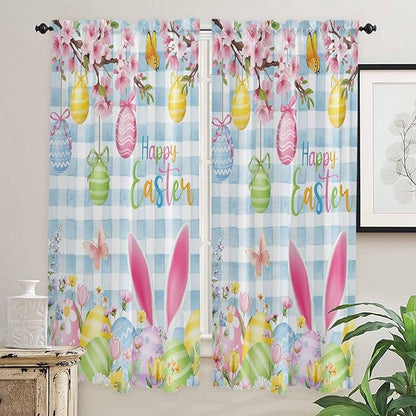 Happy Easter Living Room Curtains 72 Inches length, Spring Watercolor Bunny Eggs Flower Blue Plaid Window Treatment Curtain Drapes, Light Filtering Drapes for Bedroom Laundry Room, 52"x72", 2 Panels