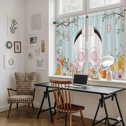 Easter Bunny Kitchen Curtains 54 Inch Long 2 Panel Set,Rod Pocket Window Curtains Panels,Easter Eggs Spring Farmhouse Wood Grain Teal Blue Light Filtering Privacy Draperies for Bedroom 42"W x 54"L
