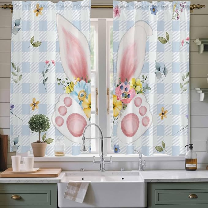 Easter Window Curtains 63 Inch Long 2 Panel Set, Rod Pocket Bedroom Curtains & Drapes, Spring Rabbits Ears Feet Floral Blue Lattice Light Filtering Window Treatment for Living Room 42"W x 63"L