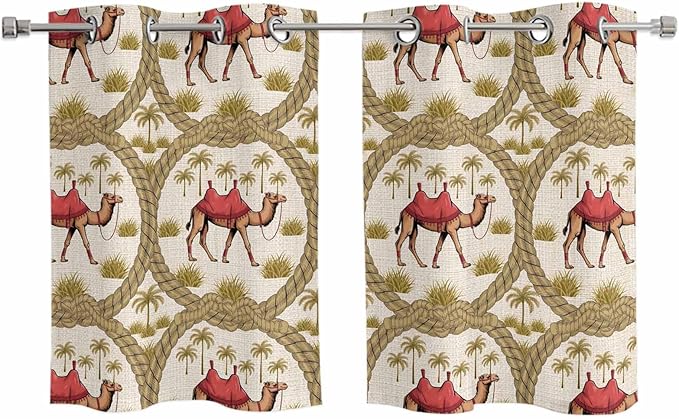 2 Panel Kitchen Cafe Curtains, Camels Palm Trees Sunlight Filtering Nature Air Through, Window Decor Tier Curtains for Living Room 55W x 39L inch Desert Date Coconut Trees Leaves Cords Beige