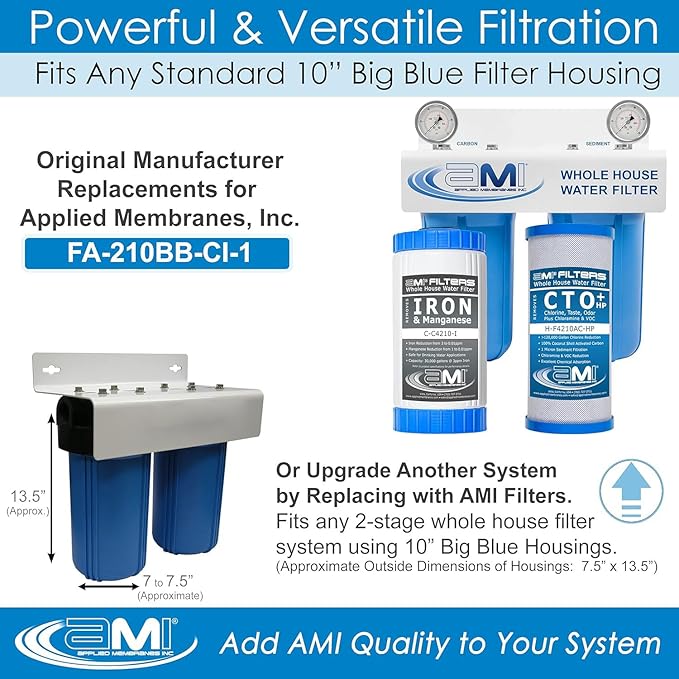 APPLIED MEMBRANES INC. Whole House Water Filter Replacement Filter Cartridge Set for Iron Reduction | 2 Stage 4.5” x 10” Carbon & Iron Filters | Fits 10-inch Housings