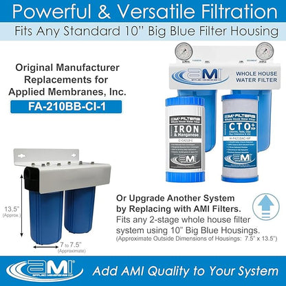 APPLIED MEMBRANES INC. Whole House Water Filter Replacement Filter Cartridge Set for Iron Reduction | 2 Stage 4.5” x 10” Carbon & Iron Filters | Fits 10-inch Housings