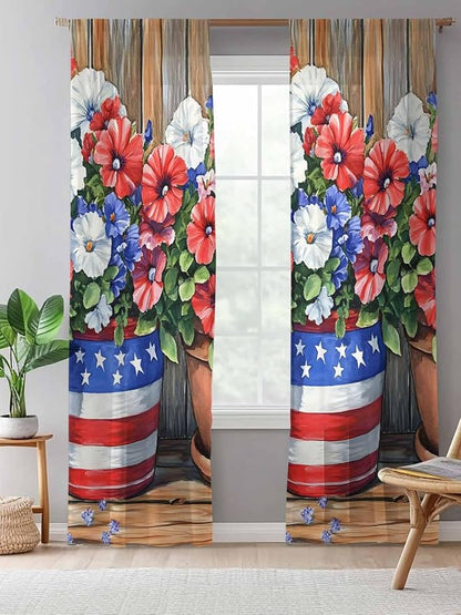 Sheer Curtains 84 Inches Long, Red Blue Flower Semi Sheer Curtains Light Filtering Window Treatment, Retro Independence Day Flag Wood Grain Privacy Voile Drapes for Living Room Bedroom 52x84 Inch