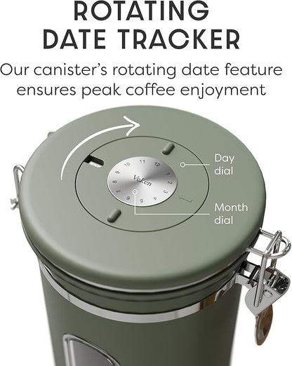 Veken Coffee Canister with Window, Airtight Stainless Steel Kitchen Food Storage Container with Lids, Date Tracker and Scoop for Grounds Coffee, Beans, Tea, Flour, Cereal, Sugar Jars, 22OZ, Green