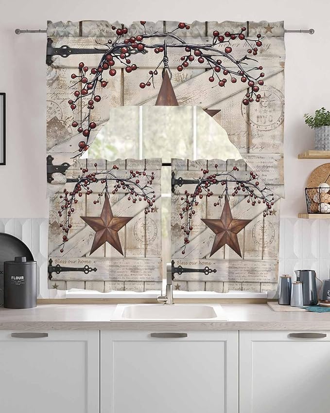 Village Stars Swag Kitchen Curtains Valance and Tier Set, Vintage Rust Yellow Star Berry Beige Barn Doors Light-Filtering Swag Valance 24 Inch Length, Rod Pocket Short Curtain for Bedroom Cafe