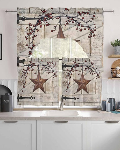 Village Stars Swag Kitchen Curtains Valance and Tier Set, Vintage Rust Yellow Star Berry Beige Barn Doors Light-Filtering Swag Valance 24 Inch Length, Rod Pocket Short Curtain for Bedroom Cafe