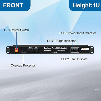 1U PDU Network Servers Surge Protector Power Distribution Unit 12-Outlet, 120V 20A, 3600 Joules 10KA,19″ Rack Mount Power Strip,Heavy-Duty 12AWG 16 ft Cord,w/AC Filter