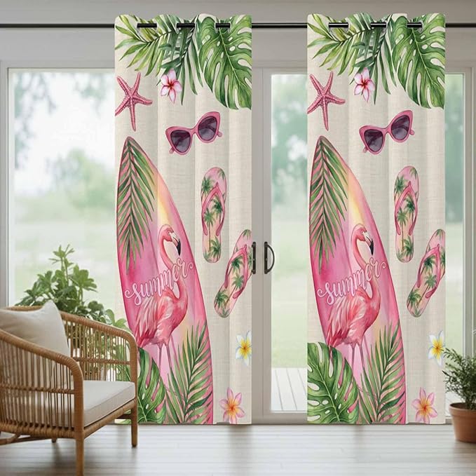 Summer Flamingbirds Outdoor Curtains for Patio Palm Leaves Plumeria Linen Waterproof Outside Curtains with Grommet Top Weatherproof Curtain for Cabana Pergola Gazebo, 1 Panel, 54" W x 95" L