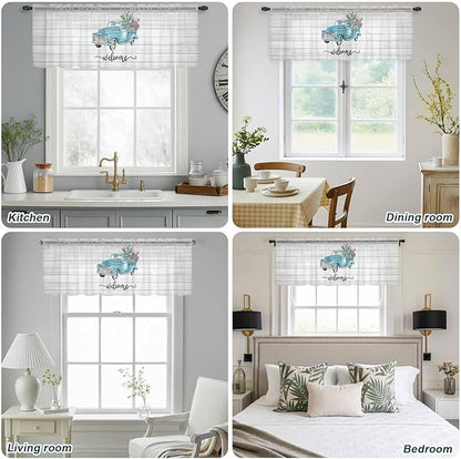 Welcome Sheer Valance Curtains, Summer Car with Cactus Succulents Grey Wood Grain Light Filtering Kitchen Valances Rod Pocket Voile Curtain Window Treatment for Bedroom/Living Room/Basement 60Wx18L