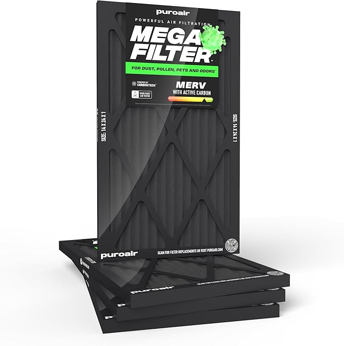 PuroAir MegaFilter - 14x24x1 Air Filter MERV 13 Activated CarbonTech Defense - Heavy Duty 3 Layer Furnace Filters Allergens, Pollen, Dust, Pet Dander, Smoke, Odors - HVAC Air Filter 14x24x1 (4-Pack)
