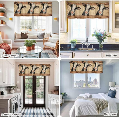 Farmhouse Cow Curtain Valances for Windows, Kitchen Valance Window Treatment, Country Vintage Animals Wooden Grain Light Filtering Block Curtains for Bathroom/Bedroom/Living Room 54'' x 18''