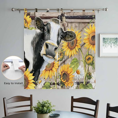 Retro Farmhouse Flower Living Room Curtains 84 Inch Length, Window Curtains Tab Top, Yellow Sunflowers Cow Barn Doors Brown Light Filtering Window Treatments Drapes 42"x84" 2 Panel