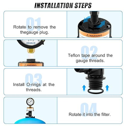 MEANLIN MEASURE 98209800 High Flow Air Relief Valve Replacement for Pool and Spa Filter, Air Relief Manual Valve Assembly with 60Psi Steel Start and Clean Filter Pressure Gauge
