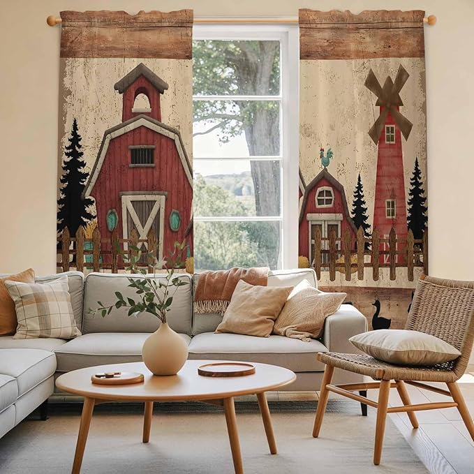 Brown Farmhouse Kitchen Curtains, Vintage Country Animals Wooden Grain Light Filtering Window Curtain Panels, 2Pcs Rod Pocket Window Treatments Set for Living Room Bathroom Bedroom 52x72 Inches