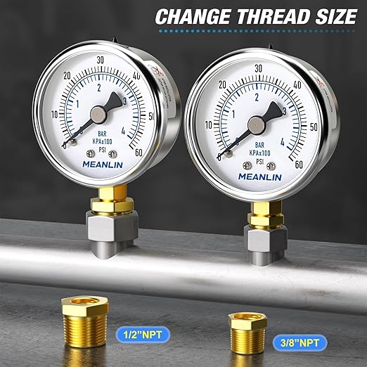 MEANLIN MEASURE 0~60Psi Dry Pressure Gauge Stainless Steel 1/4" NPT 2" FACE DIAL Waterproof for Pool Filter Pump Oil Air Compressor Tire Pressure Tester Lower Mount with 1/2" NPT and 3/8" NPT Hex Bush