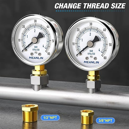 MEANLIN MEASURE 0~60Psi Dry Pressure Gauge Stainless Steel 1/4" NPT 2" FACE DIAL Waterproof for Pool Filter Pump Oil Air Compressor Tire Pressure Tester Lower Mount with 1/2" NPT and 3/8" NPT Hex Bush