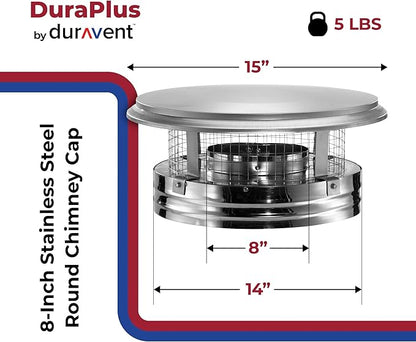 DuraVent DuraPlus 8 Inch Stainless Steel Round Chimney Cap with Triple Wall Design, Spark Arrestor Screen and Removable Screws, Silver