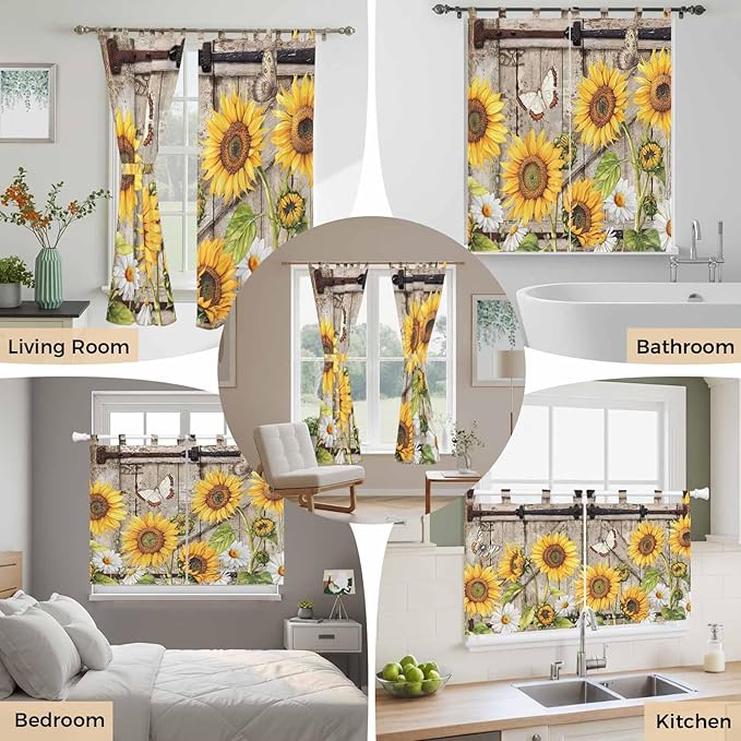 Farmhouse Sunflowers Kitchen Curtains 24 Inch Length, Small Window Curtains Tab Top, Rustic Barn Doors Flowers Butterfly Wooden Light Filtering Short Window Treatments Tier Drapes 27.5"x24" 2 Panel