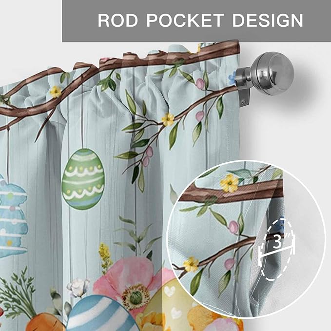 Easter Bunny Curtain Valances for Windows, Kitchen Valance Window Treatment, Easter Eggs Spring Farmhouse Wood Grain Teal Blue Light Filter Block Curtains for Bathroom/Bedroom/Living Room 42'' x 12''