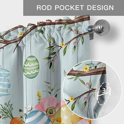 Easter Bunny Curtain Valances for Windows, Kitchen Valance Window Treatment, Easter Eggs Spring Farmhouse Wood Grain Teal Blue Light Filter Block Curtains for Bathroom/Bedroom/Living Room 54'' x 18''