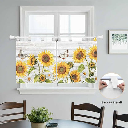 Yellow Sunflowers Kitchen Curtains 24 Inch Length, Small Window Curtains Tab Top, Vintage Country Flowers Butterfly Wood Board Light Filtering Short Window Treatments Tier Drapes 27.5"x24" 2 Panel