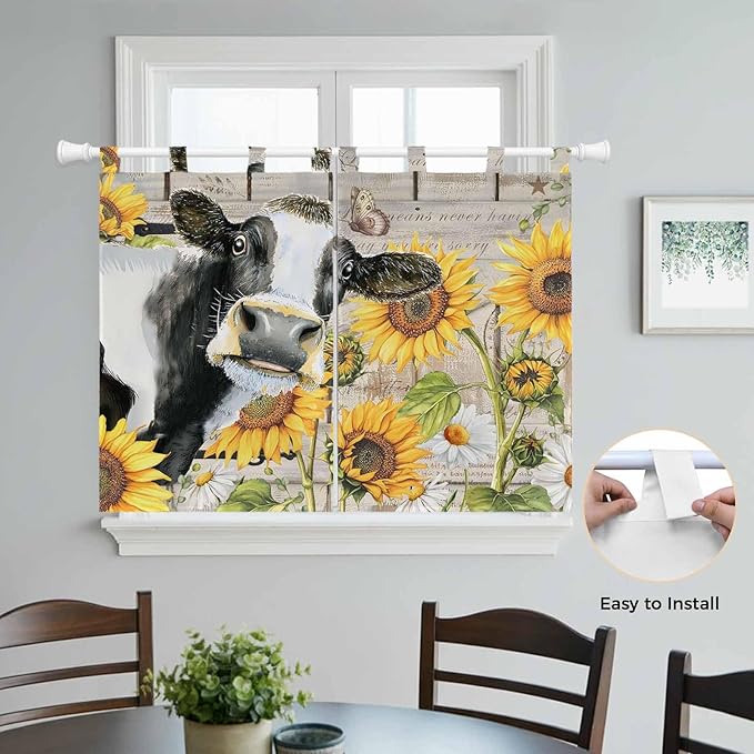 Yellow Sunflowers Bedroom Curtains 63 Inch Length, Window Curtains Tab Top, Farmhouse Cow Barn Doors Floral Butterfly Light Filtering Window Treatments Drapes 42"x63" 2 Panel