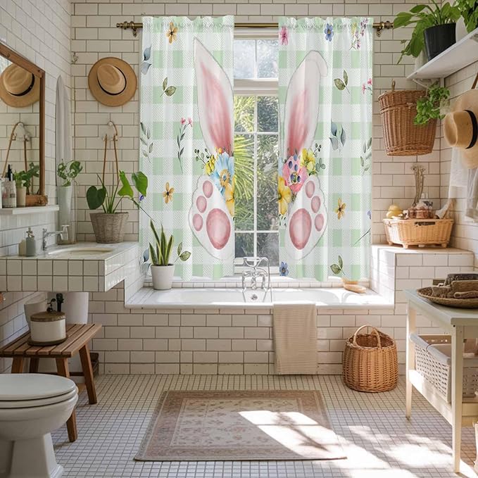 Easter Window Curtains 63 Inch Long 2 Panel Set, Rod Pocket Bedroom Curtains & Drapes, Spring Bunny Ears Feet Flowers Green Plaid Light Filtering Window Treatment for Living Room 42"W x 63"L