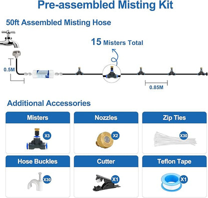 Pre-Assembled Misters for Outside Patio,Outdoor Misting Cooling System w Filter,50FT|15M.Backyard Mist Kit for Garden,Greenhouse,Deck,Umbrella,Canopy,Pool,Porch,Trampoline,Park.