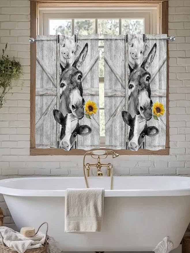 Grey Farmhouse Kitchen Curtains 54 Inches Length, Vintage Sunflowers Animals Printed Window Treatment Curtain Drapes, Decorative Window Curtains for Bedroom Cafe, 52"x54", 2 Panels