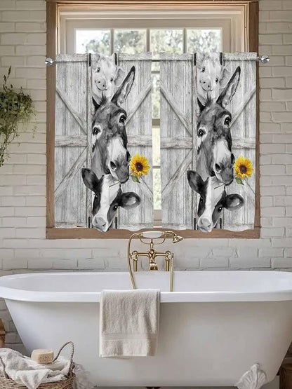 Grey Farmhouse Kitchen Curtains 54 Inches Length, Vintage Sunflowers Animals Printed Window Treatment Curtain Drapes, Decorative Window Curtains for Bedroom Cafe, 52"x54", 2 Panels