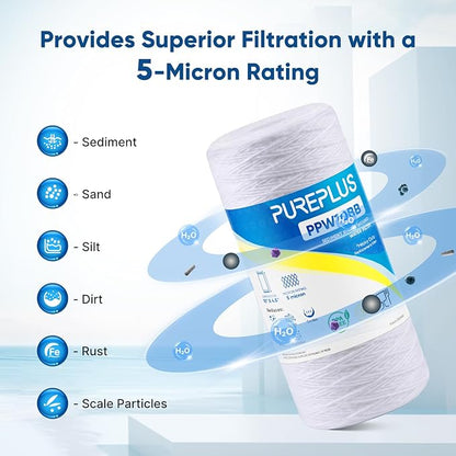 PUREPLUS 5 Micron 10 x 4.5 Whole House String Wound Sediment Filter for Well Water, Replacement Cartridge for 84637, WPX5BB97P, PC10, 355214-45, 355215-45, WP10BB97P, WP5BB97P, 4Pack