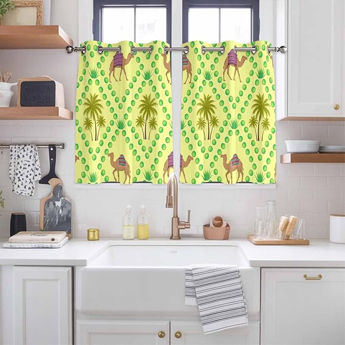 2 Panel Kitchen Cafe Curtains, Desert Sand Camels Sunlight Filtering Nature Air Through, Window Decor Tier Curtains for Living Room 104W x 52L inch Palm Trees Tropical Plants Polka Dot Yellow