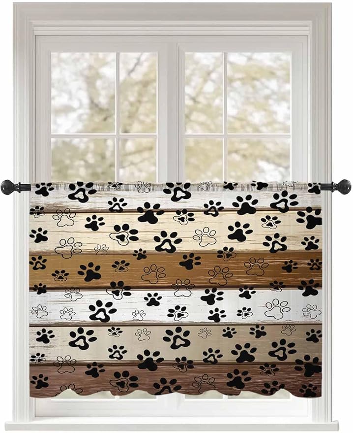 Sheer Curtains 54 Inch Length, Brown Beige Farmhouse Semi Sheer Curtains Light Filtering Window Treatment, Black Dog Paw Vintage Wooden Privacy Voile Drapes for Living Room Bedroom 52x54 Inch