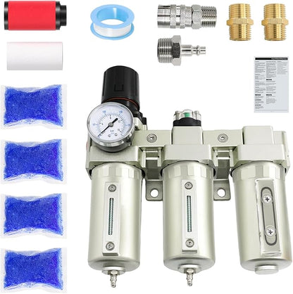 1/2" NPT Industrial Grade 3 Stage Air-Dryer-for-Compressor, Manual Drain Air-Compressor-Water-Separator-System Filter Oil for Plasma Cutter and Paint Spray,0-240 PSI,Double Filtration & Drying System