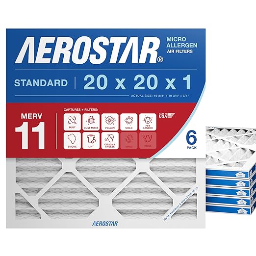 Aerostar 20x20x1 MERV 11 Air Filter, 6 Count, ACTUAL SIZE (19.75 x 19.75 x 0.75), HVAC, Air Conditioning & Furnace Filter for Dust, Pet Dander, Smoke & Allergies (MPR 1200 / FPR 7), Made in USA