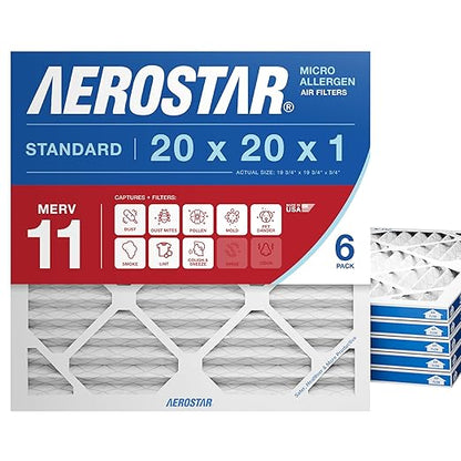 Aerostar 20x20x1 MERV 11 Air Filter, 6 Count, ACTUAL SIZE (19.75 x 19.75 x 0.75), HVAC, Air Conditioning & Furnace Filter for Dust, Pet Dander, Smoke & Allergies (MPR 1200 / FPR 7), Made in USA