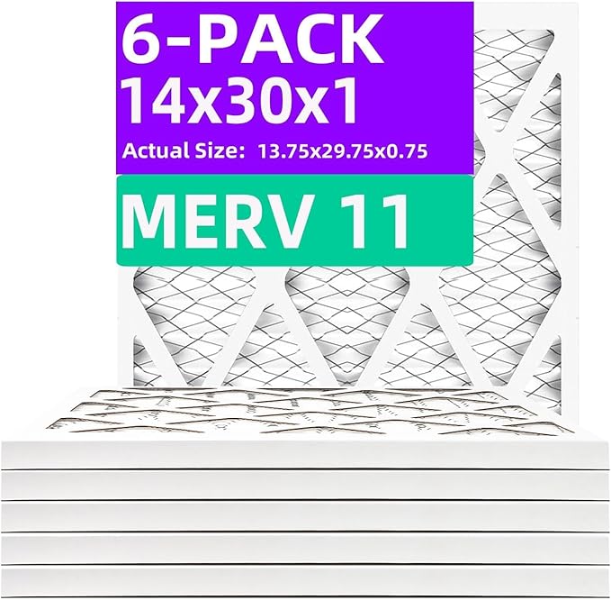14x30x1 MERV 11 (6-Pack) MERV 11 Pleated Air Filter (Actual Size: 13.75"x29.75"x0.75") MPR 1200 & FPR 7, Furnace Air Filters