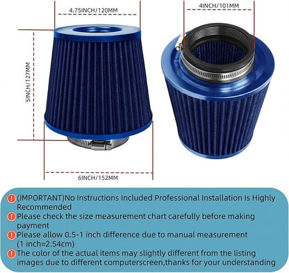 Universal Clamp-On Air Intake Filter, High Performance, Washable Filter, Replacement Air Filter, Flange Diameter 4inch/100mm (Blue)