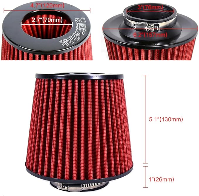 KYOSTAR Universal 3" (76mm) High-Flow Air Filter, Reusable Cone Cold Air Intake, High Performance, Washable, Clamp-On Car High Flow Dry Air Kit, Flange Diameter: 3 Inch, Filter Height: 6.1 Inch, Red