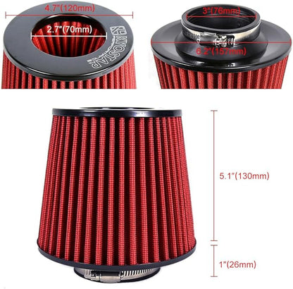 KYOSTAR Universal 3" (76mm) High-Flow Air Filter, Reusable Cone Cold Air Intake, High Performance, Washable, Clamp-On Car High Flow Dry Air Kit, Flange Diameter: 3 Inch, Filter Height: 6.1 Inch, Red